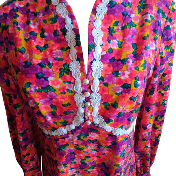 sz 8 1OF1 Vintage Floral Maxi Dress Lace Trim Peasant Boho Prairie Handmade Pink - Picture 3 of 9